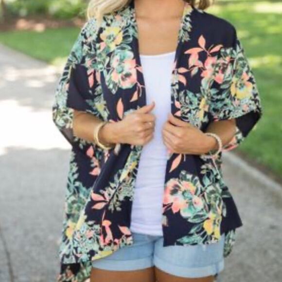 12 PM by Mon Ami Hawaiian Style Floral Print Boho Kimono Cover Up Jacket Size L - Picture 1 of 11
